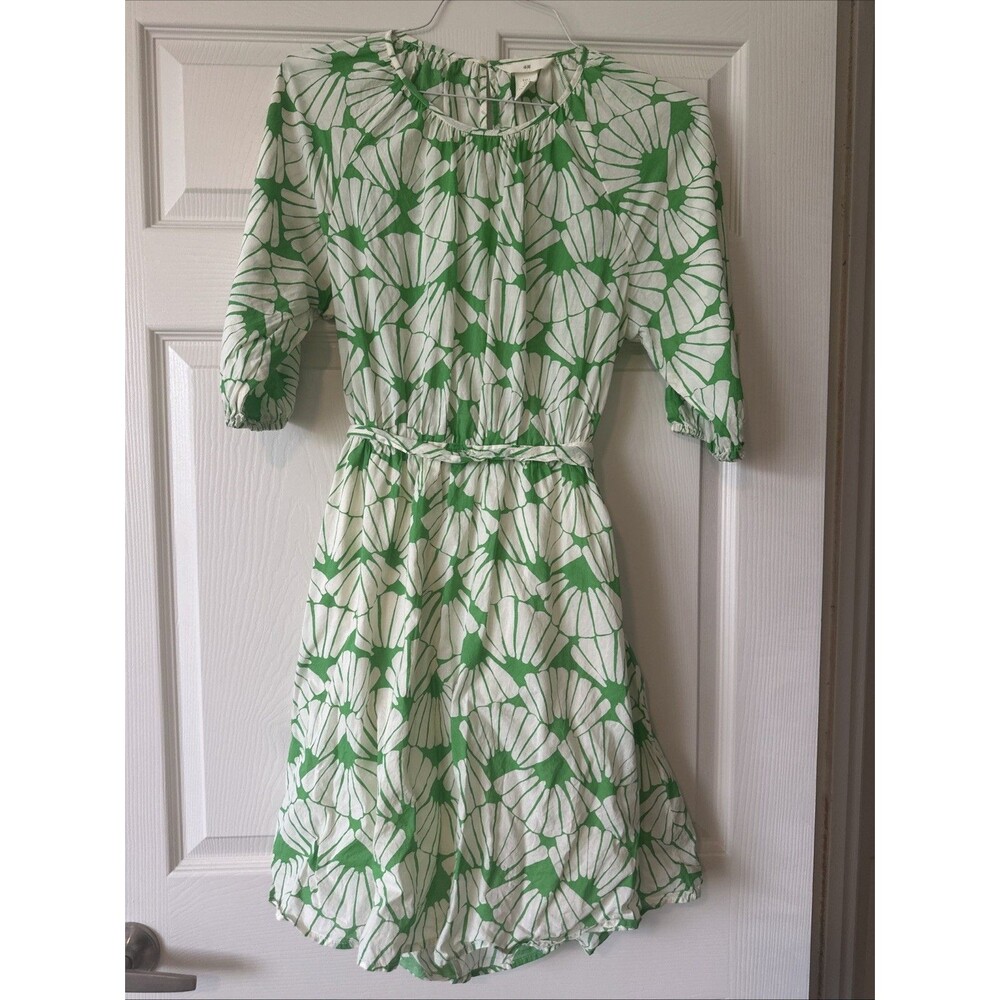 H&M Flower Dress A-Line Green/white, Cut Out Back, 3/4 Balloons Sleeves Lined S